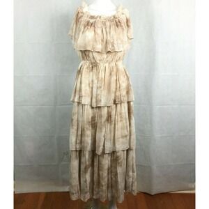 La Ven Dress Womens Sz M‎ Tan Beige Layered Chiffon Maxi Gypsy Tiered
